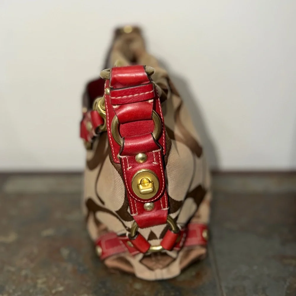 Vintage Coach Signature Canvas Red Leather and Brass Embellished Shoulder Bag - Picture 5 of 9
